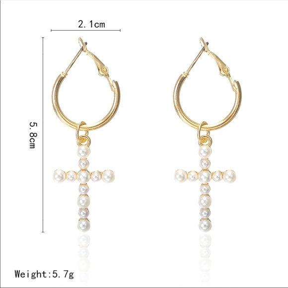 • Faith • Faux Pearl Cross Drop Earrings - Picture 3 of 5